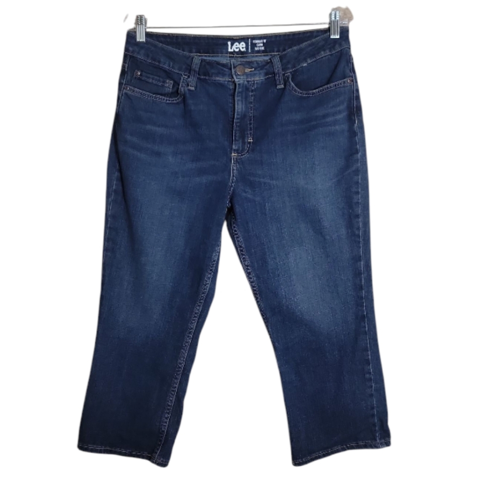 Lee regular fit mid rise capri jeans women's size 12 blue denim cropped